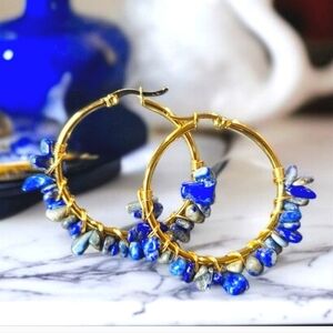 18k Gold Plated Lapis Lazuli Chip Hoop Earrings